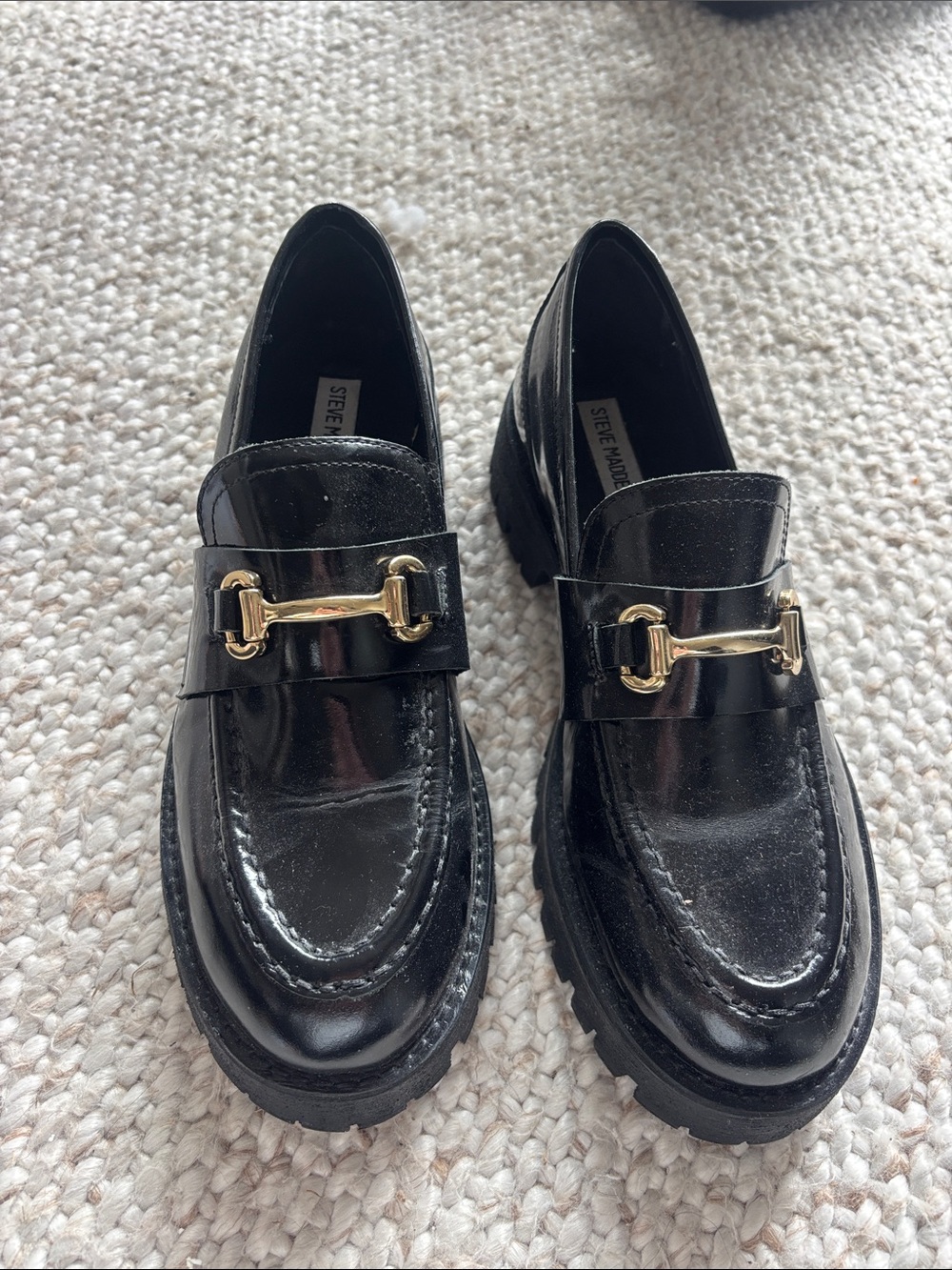 Steve Madden Black Patent Loafers with Gold Hardware